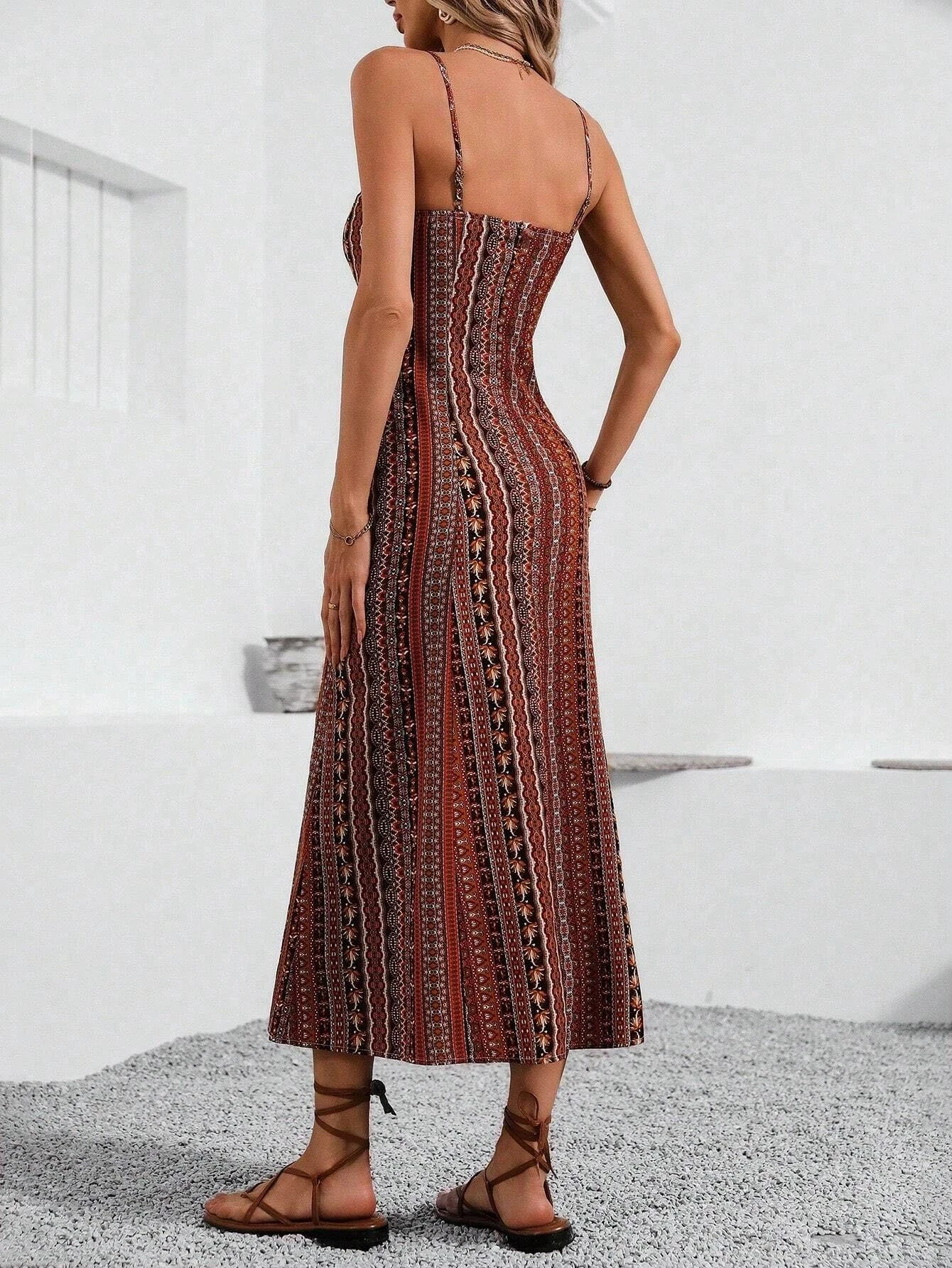 Women's Summer Ethnic Pattern Backless Split Thigh Dress Ladies Summer Clothes Boho Fashion Frill Trim Long Dress for Beach