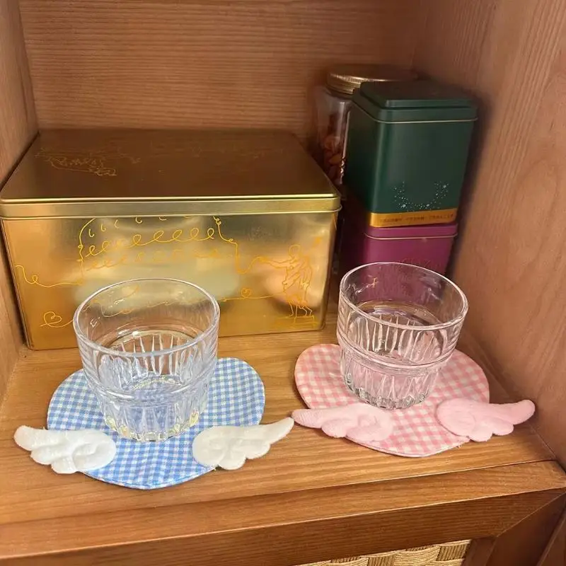 [F] 1Pcs Aesthetic Plaid Anti Scald Table Mat Sweet Girly Angel Wing Heart Coaster Cute Desk Decor Birthday Gift
