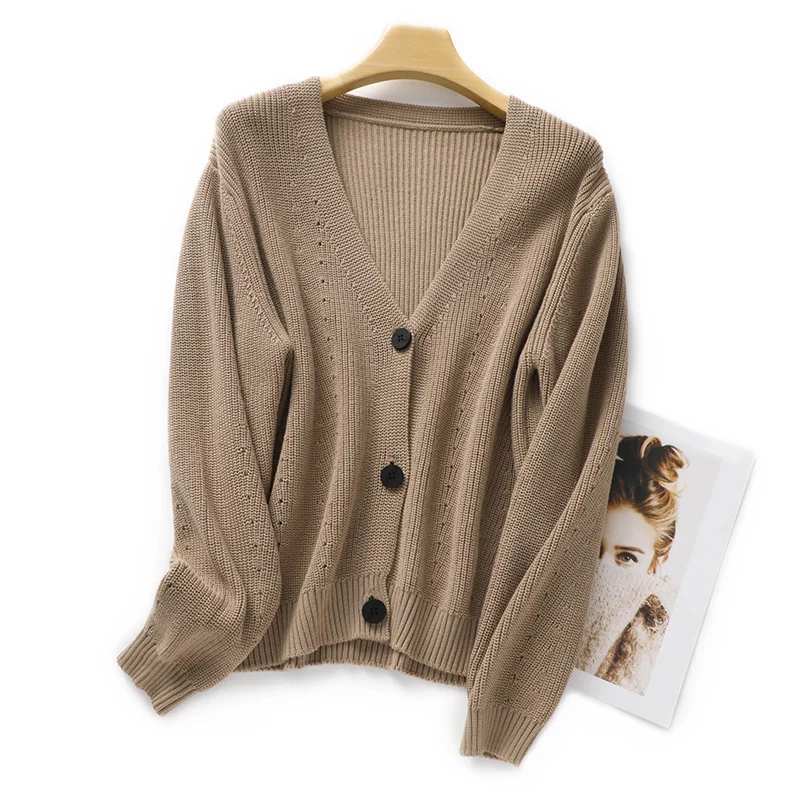 Spring Autumn New 100% Cotton Knit Cardigan Women\'s V-neck Jacket Loose Sweater Solid Large Size Shirts Casual Jacket Trendy Top