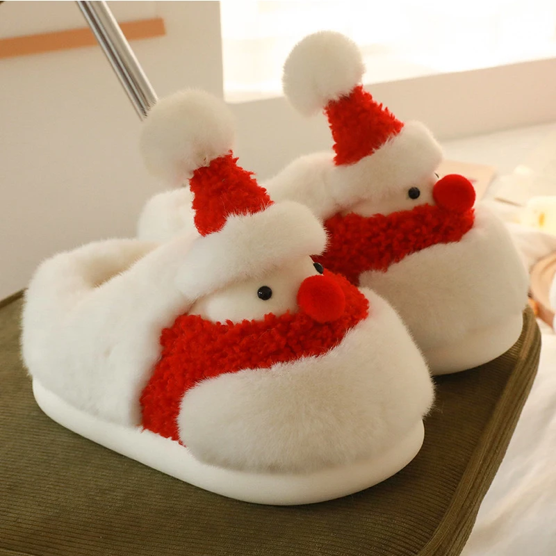 Furry Santa Claus household slippers with heel wrapped，non slip thick sole cute Christmas warm shoes for men and women，winter