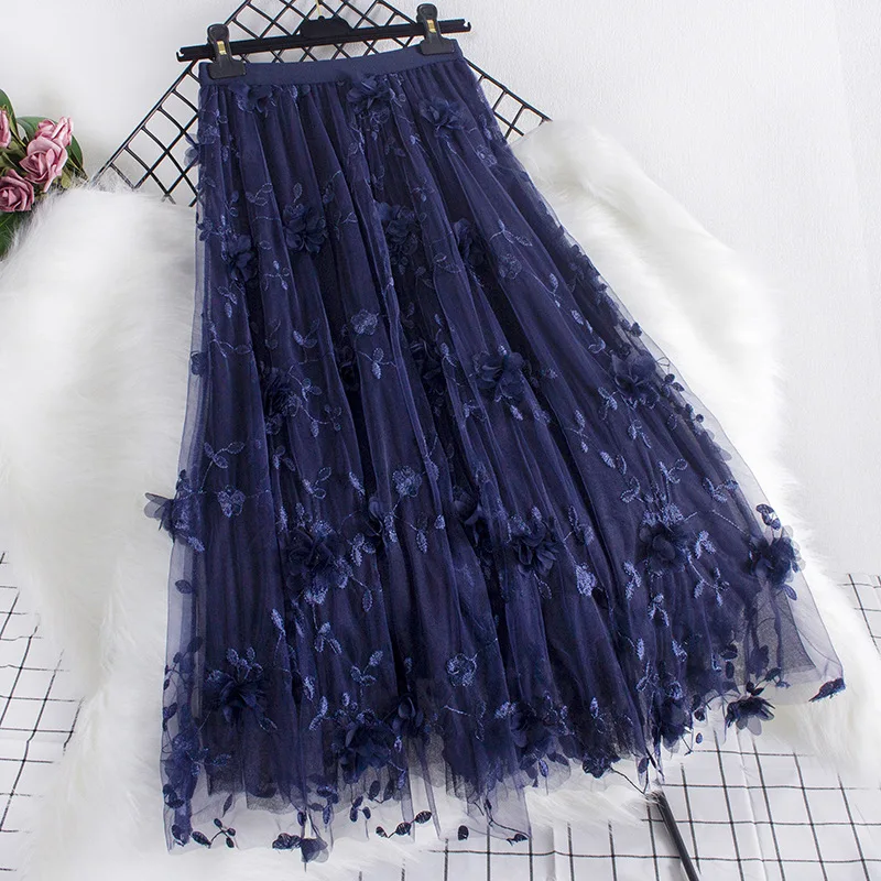 

Three-dimensional Floral Decorated Long Mesh Skirts 2023 New Summer Women Sweet Large Swing Fairy Mermaid Skirt Femme Jupes