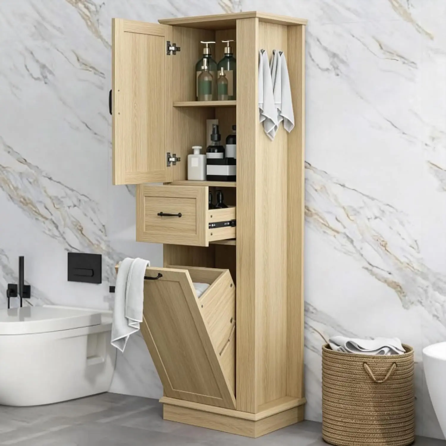 Tall Cabinet with Tilt-Out Hamper, Drawer & Adjustable Shelves, Wood Laundry Storage for Bathroom, Freestanding, Customized