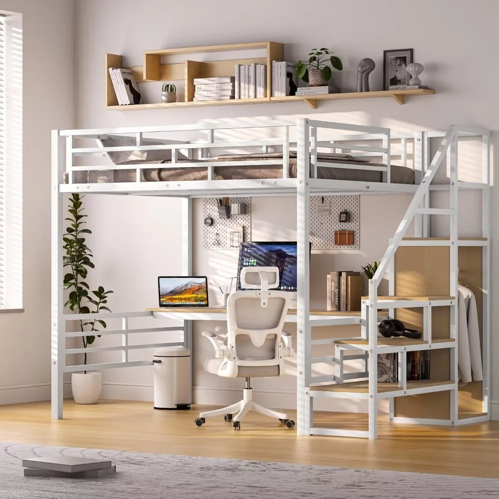 Full Size Loft Bed with Desk & Storage Stairs, Metal Loft Bed Frame with Wardrobe, Versatile High Loft Bed, Sturdy Slats Support