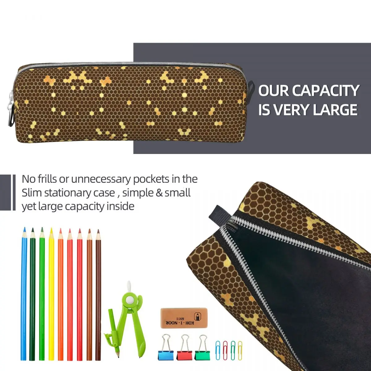 Bee Hives Pencil Case Gold And Black PU Leather Pencil Pouch Girls Boys Kawaii Large Back To School Pencil Cases Stationery