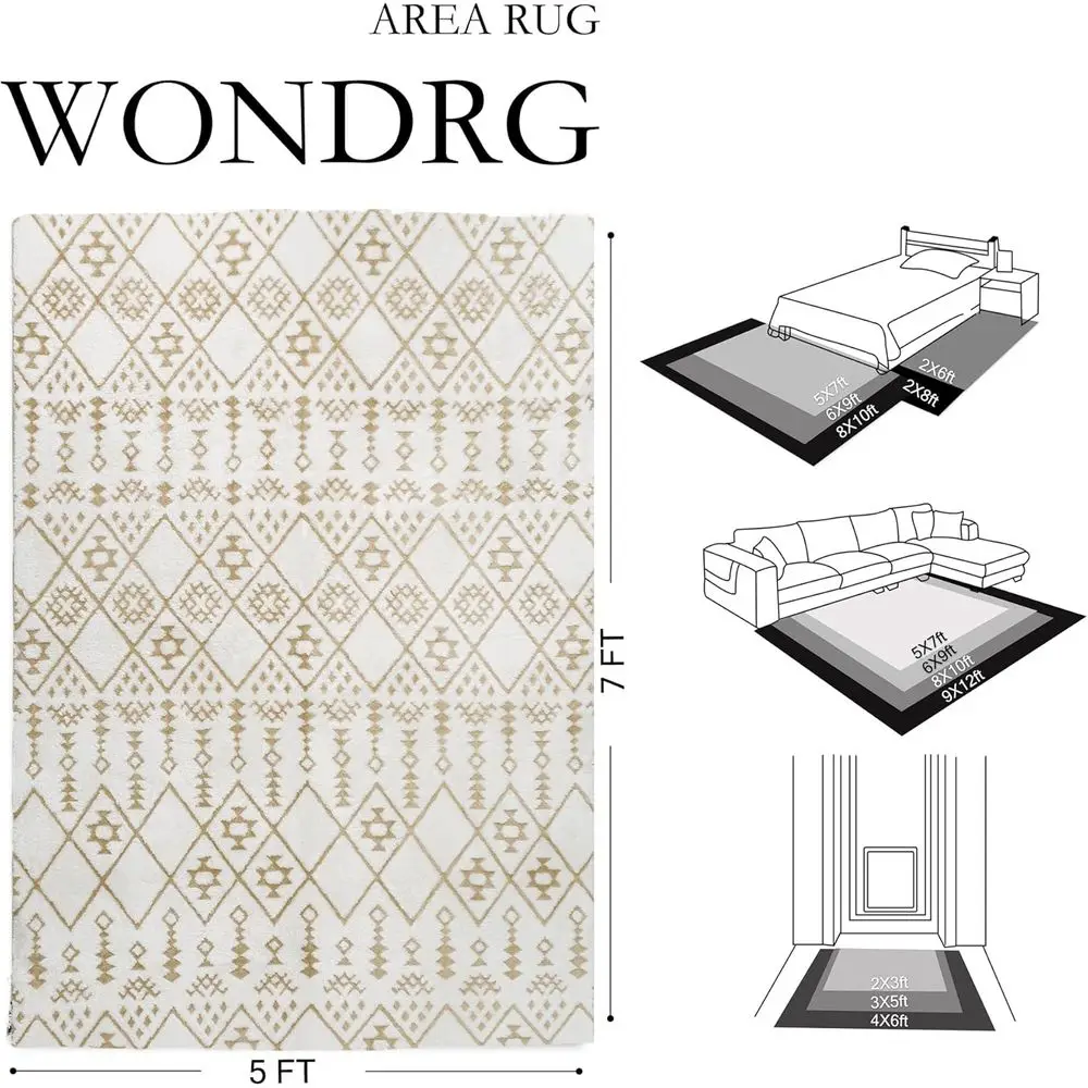 Beige Shag Boho Area Rug - 5x7 Modern Moroccan Style, Soft Geometric Design for Living Spaces