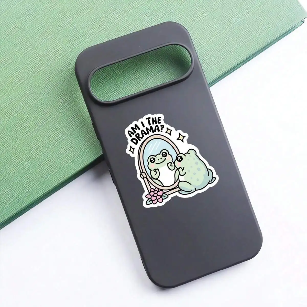 Aesthetic Funny “Am I The Drama?” Frog Mirror Sparkle Sticker, Cute Cartoon Frog Decoration Sticker
