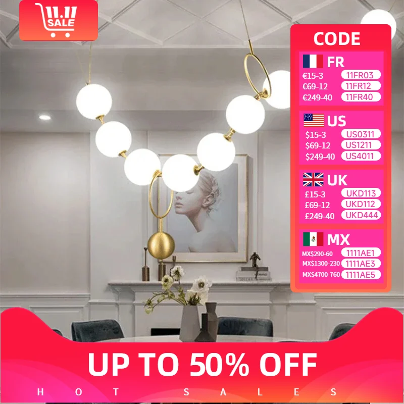

Modern Acrylic Ball Pendant Chandelier Restaurant Creative Necklace Led Lights Dining Table Kitchen Lamps Room Home appliance