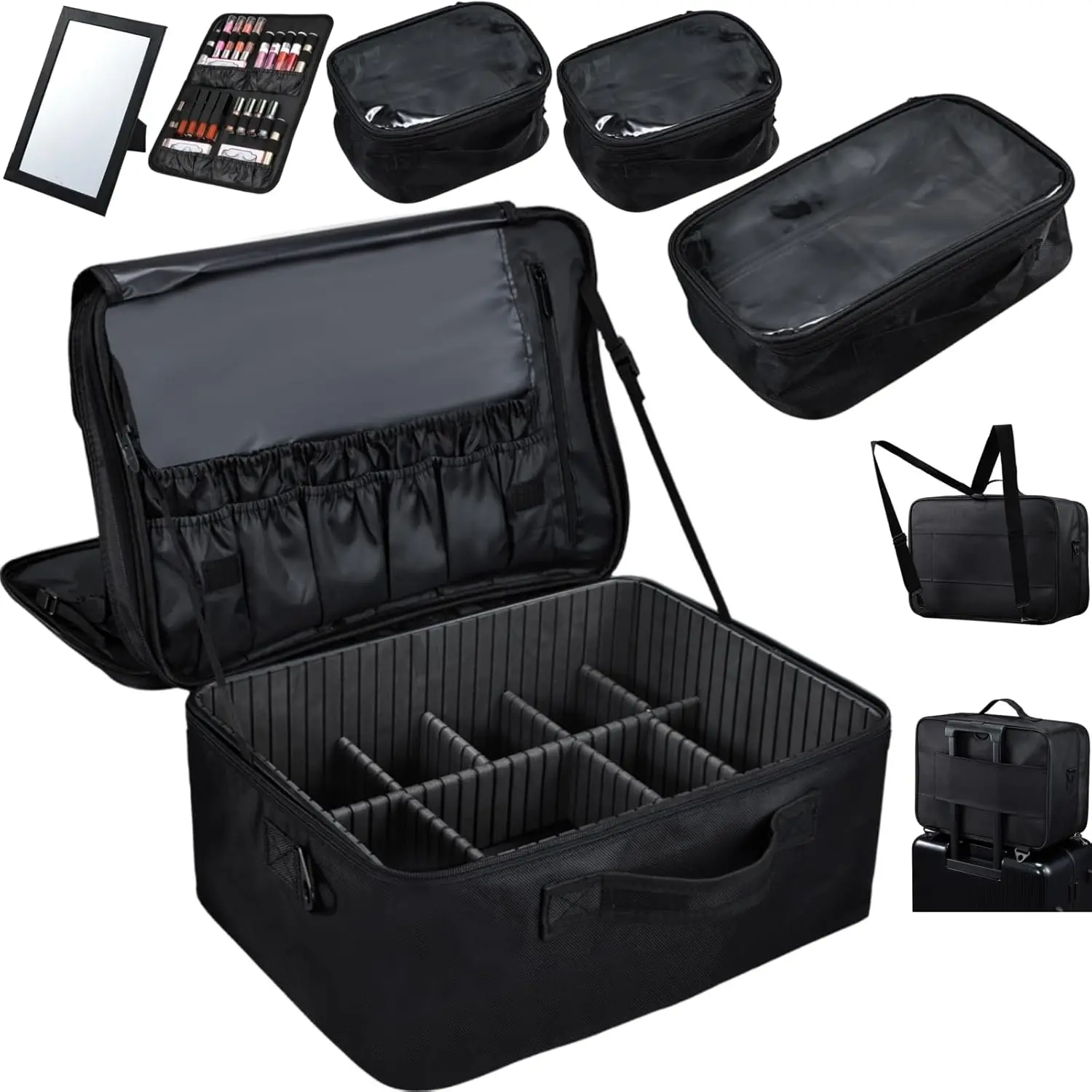 

Extra Large Professional Makeup Case with Adjustable Dividers, Shoulder Strap, and Luggage Sleeve for Travel