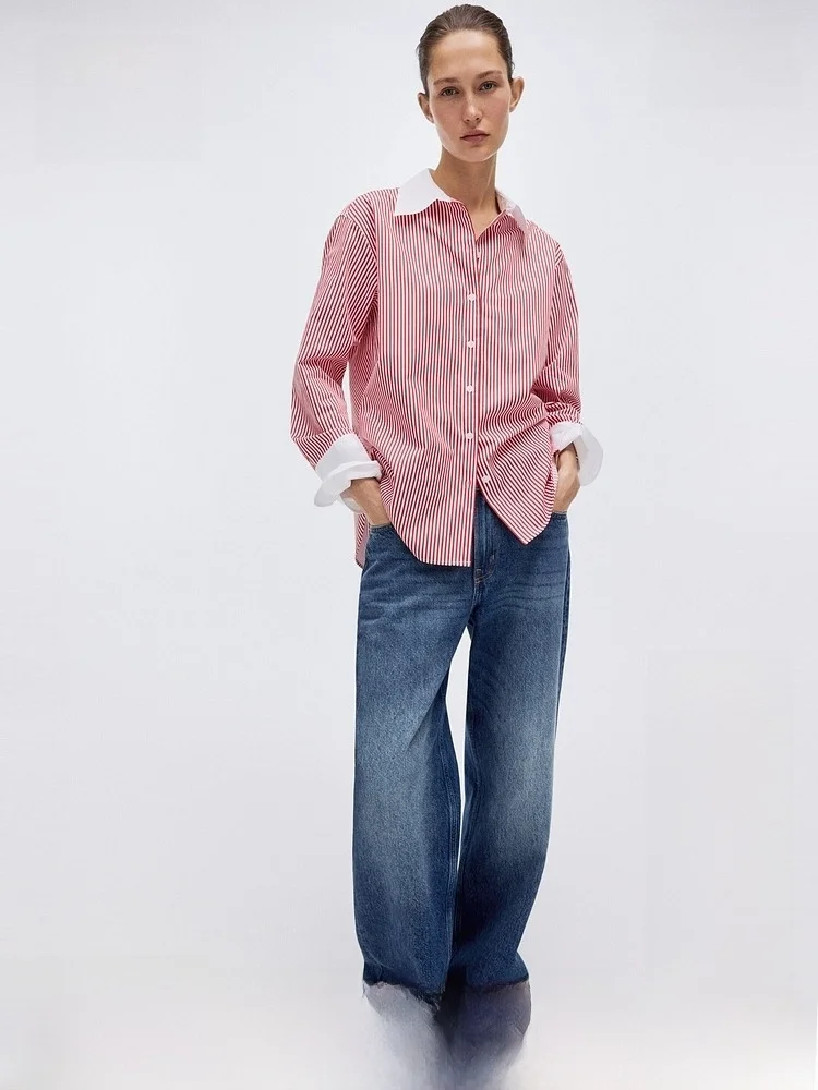 

H&M Women's Cotton Poplin Shirt High Intelligence Sensation Summer New Style Trendy Top Casual Loose Fit Long Sleeve Button up