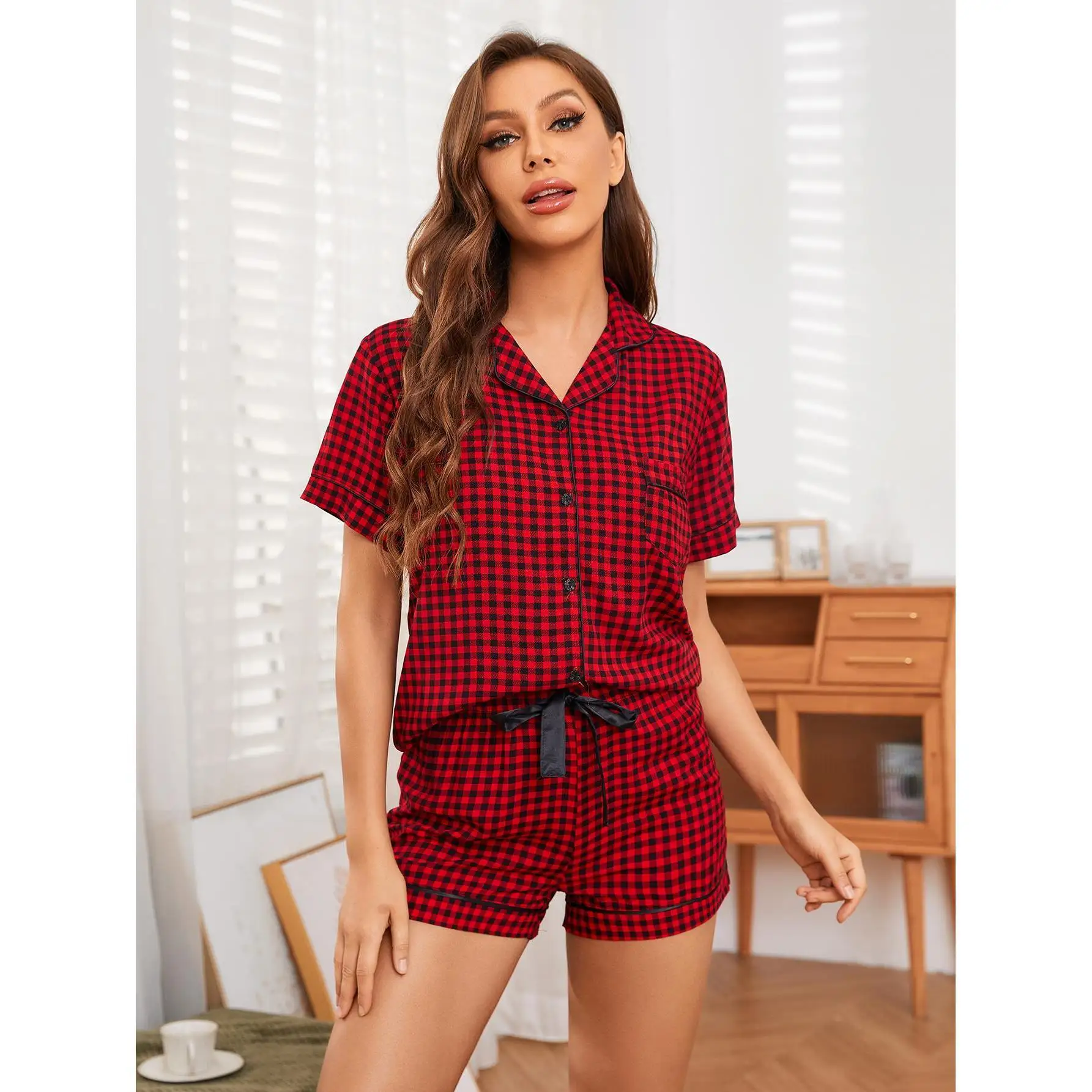 

Red Plaid Women Pajama Summer Short-sleeved Turn-down Neck Shirt Shorts Loungewear Set 2 Piece Woman Pijama Casual Nightwear