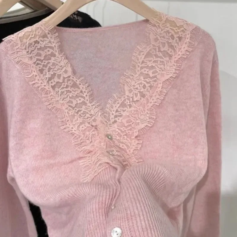 2026 Autumn Winter V-neck Unique Lace Ladies Sweater Coat Comfortable Loose Korean Women's Knitting Cardigan Sweater Jacket