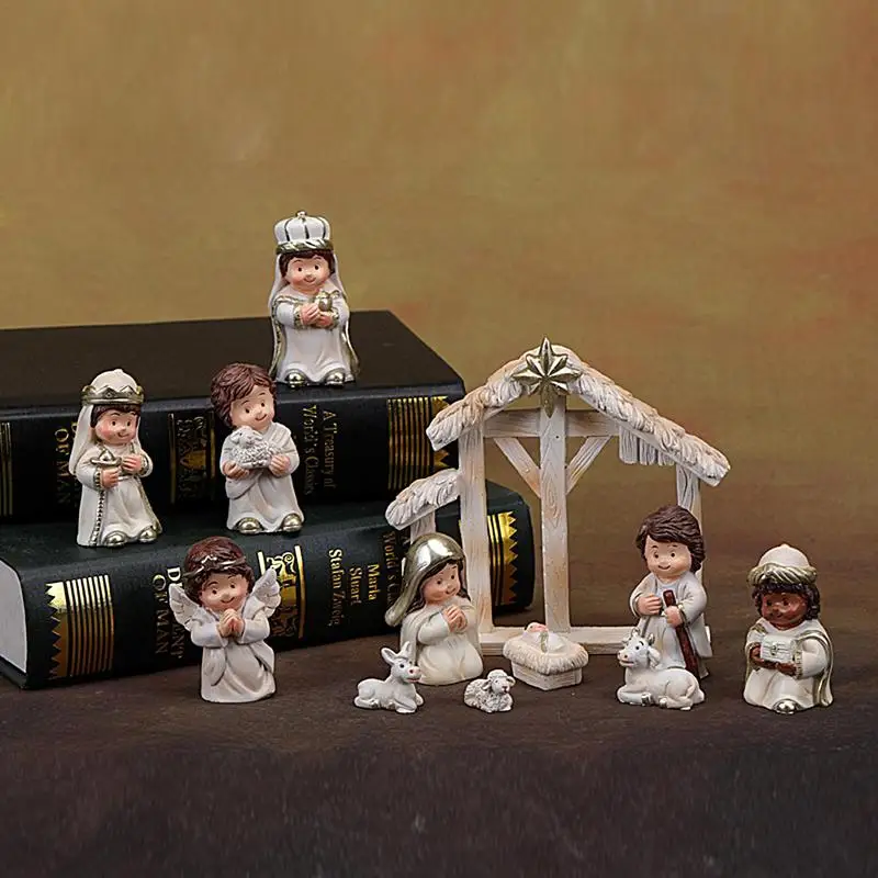 Miniature Kids Nativity Scene Christmas Indoor Scene Statue Figurines Jesus Manger Crib Ornament 12X Christmas Nativity Scene