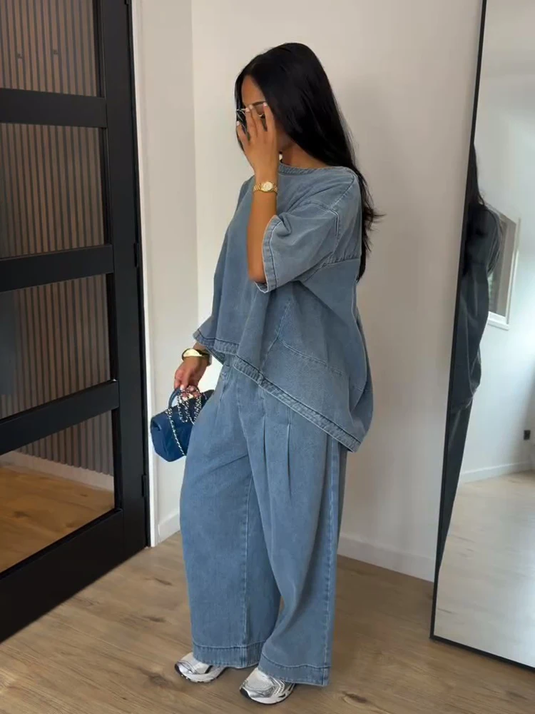 Denim-Übergrößen-Oberteil und Hosen-Set für Damen, Street-Style O-Ausschnitt Kurzarm mit Unregelmäßigem Saum, Lockere Oberteile und Weite Hosen, Schicke Damen-Outfits – Detail 12