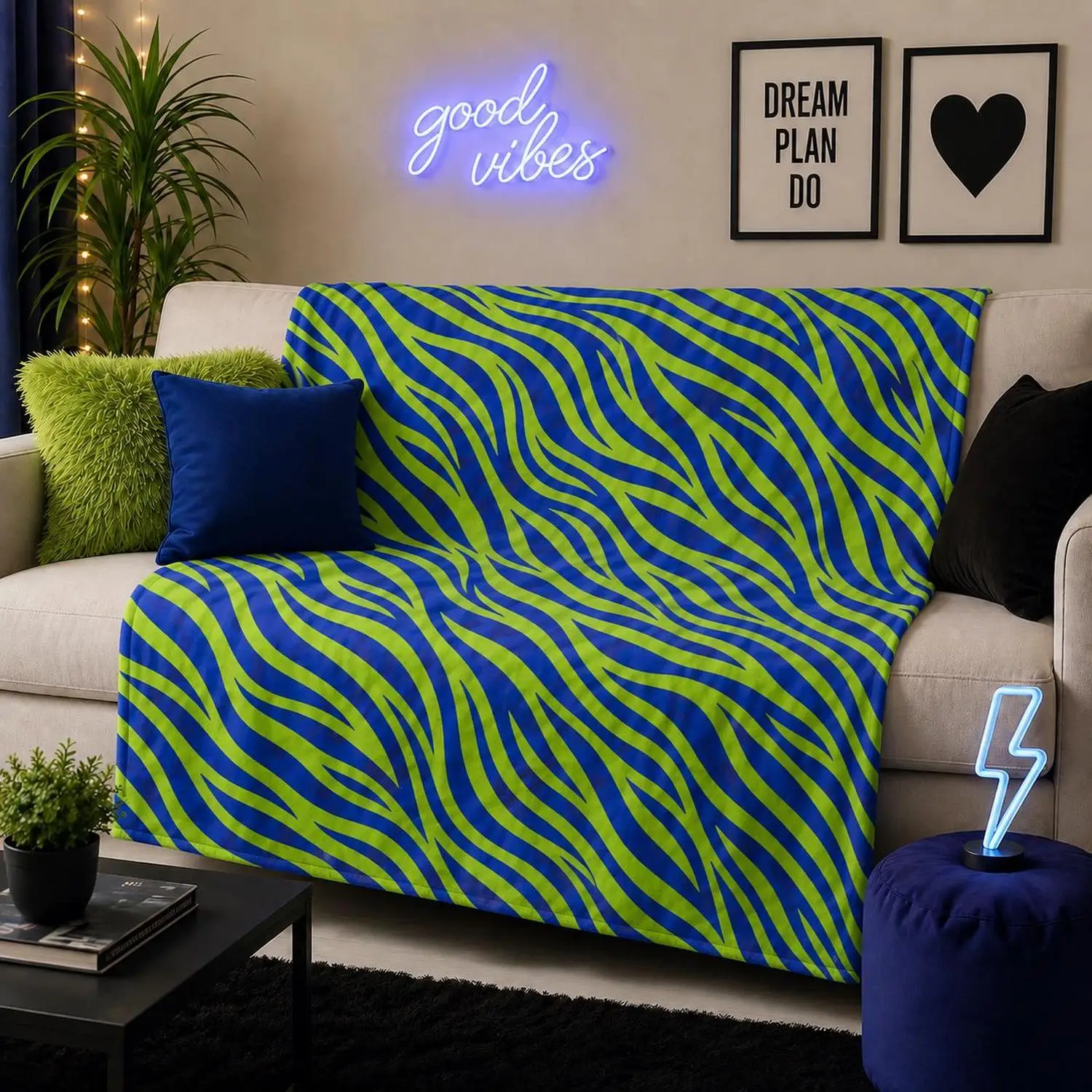 [Flannel Blanket] Electric Blue and Lime Green Zebra Pattern Blanket, Neon Animal Print Blanket, Bold Modern Dorm Decor, Stylish Sofa Blanket, Gift