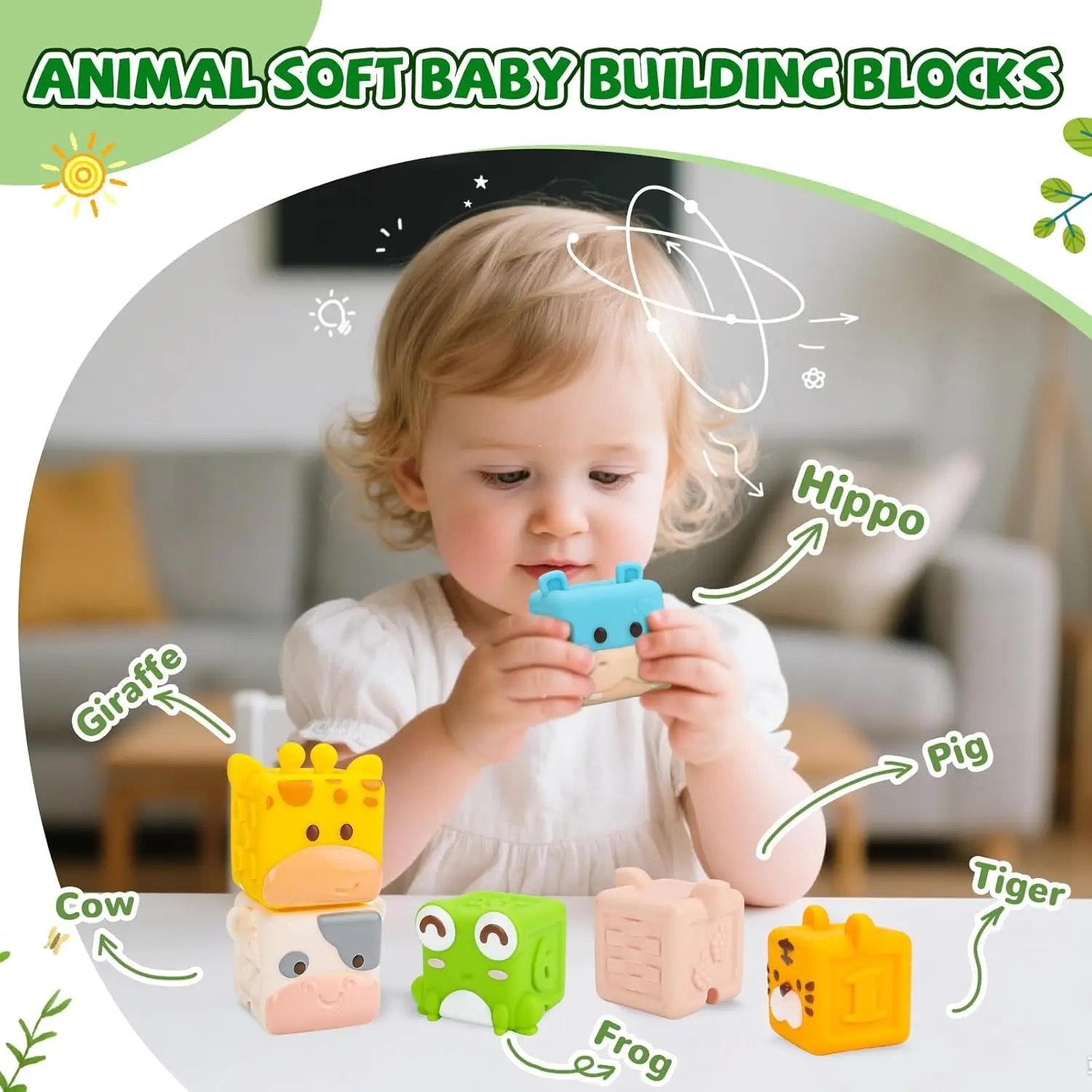 Animal Soft Bath Toys for 6+ Months Babies, Silicone Squeeze Building Blocks Stacking Toys with Numbers Animals Fruits Texture