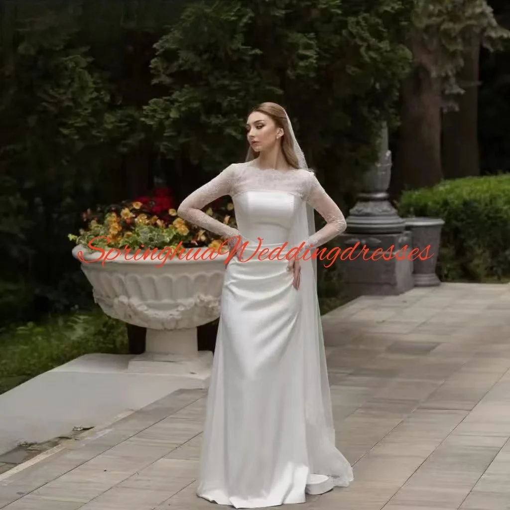 カスタマイズされたシンプルでエレガントなマーメイドサテンレース長袖ウェディングドレスブライダルガウン（ベスティード・デ・ノビア）