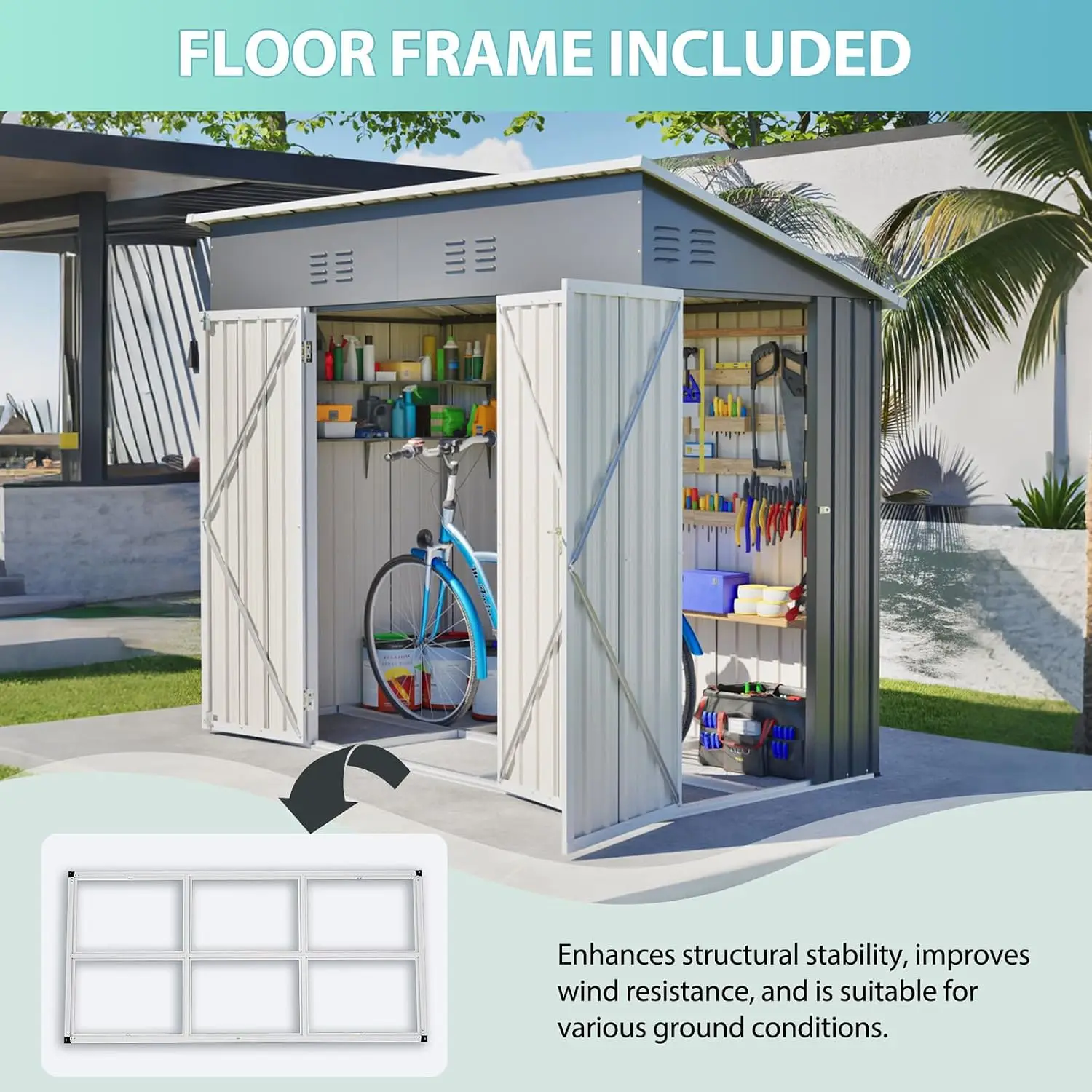 8x4 FT Outdoor Storage Shed with Floor Frame Weatherproof Garden Tool House Metal Backyard Patio Garage Organizer, Customized view 5