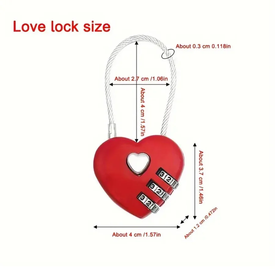 Heart Shaped 3 Digit Combination Lock, Steel Wire Rope Padlock Love Promise Lock For Luggage Backpack Jewelry Box Wedding Couple