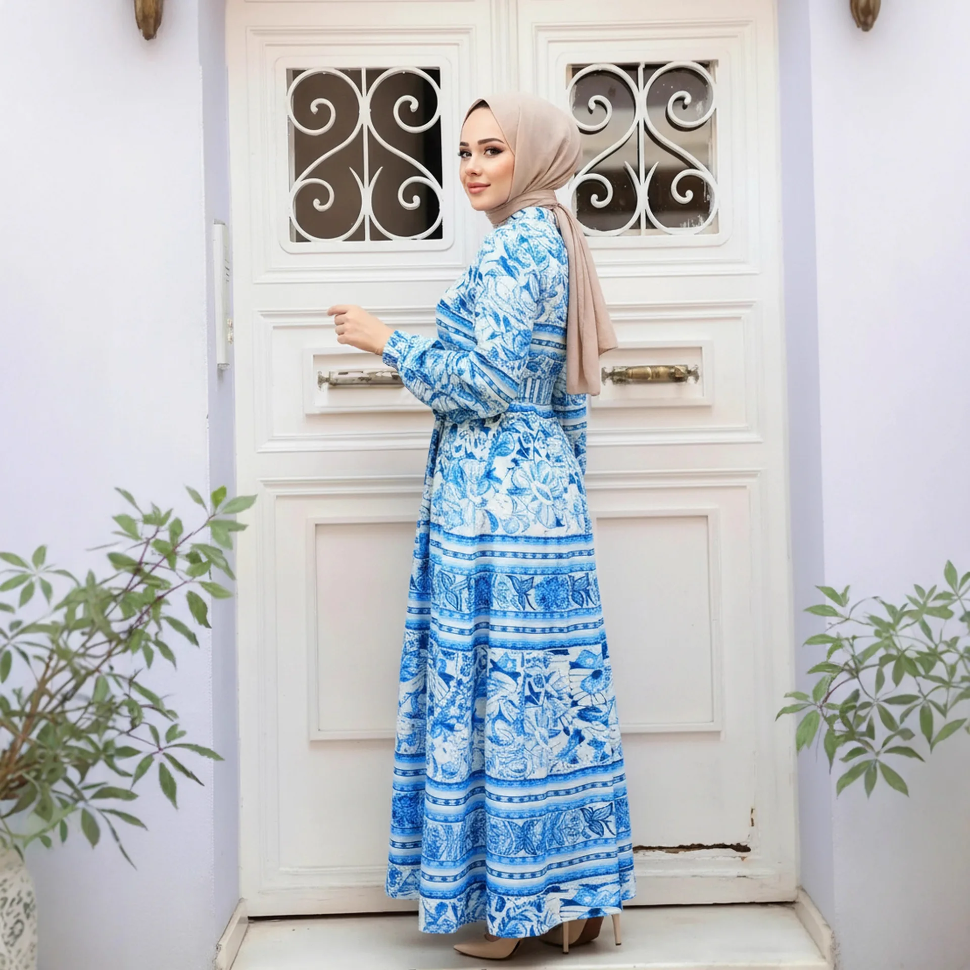 Eid Women Long Dress Muslim Abayas Print Dresses Sashes Jalabiya Ramadan Islam Morocco Dubai Party Kaftan Arab Robe Vestidos 4