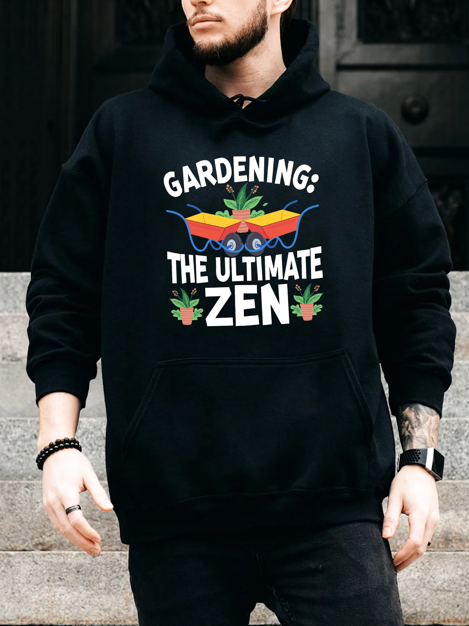 

Gardening the Ultimate Zen Men's Drawstring Hoodie - Casual Comfortable Black Pullover, Fall & Winter Hooded Sweatshirt