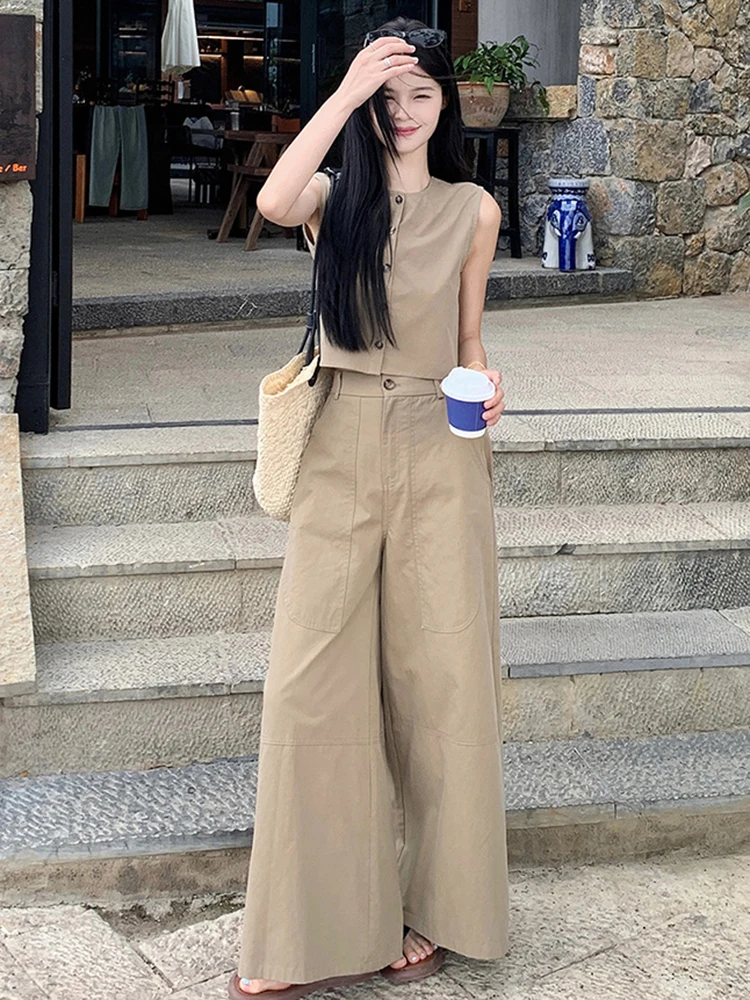 Summer Women\'s Two-piece Sets Sleeveless Vest High Waist Loose Wide Leg Casual Pants