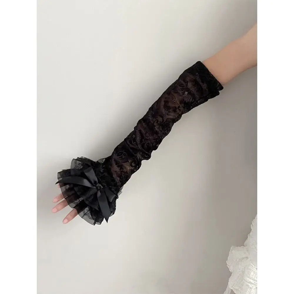 Sommerkleidung Y2K Spitze Schleife Handschuhe UV-Schutz Süße fingerlose Handschuhe Fairycore Stil Lange Handgelenksmanschetten für Frauen