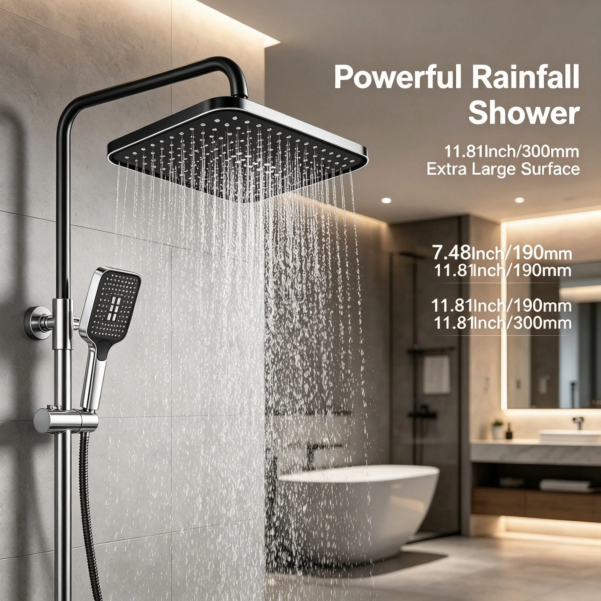 Black Square Shower System 300mm Rainfall Top with Handheld Spray High Pressure 3 Modes Hand Shower Set Wall Mount ABS Plastic