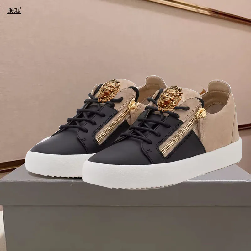 

Men's shoes metal zipper top layer of cowhide luxurious sport fashion casual style sneakers men and women large size shoes 4