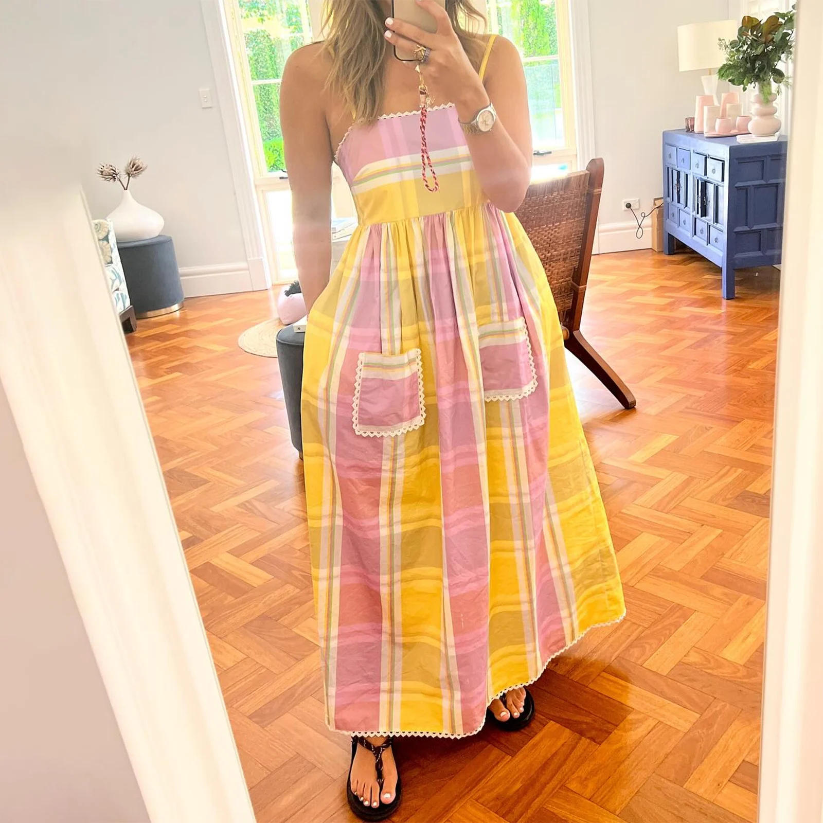 Women Sleeveless Ruffles Striped Print Maxi Dress Spaghetti Strap Loose Pocket Long Dress Boho Flowy Midi Sundress 2025