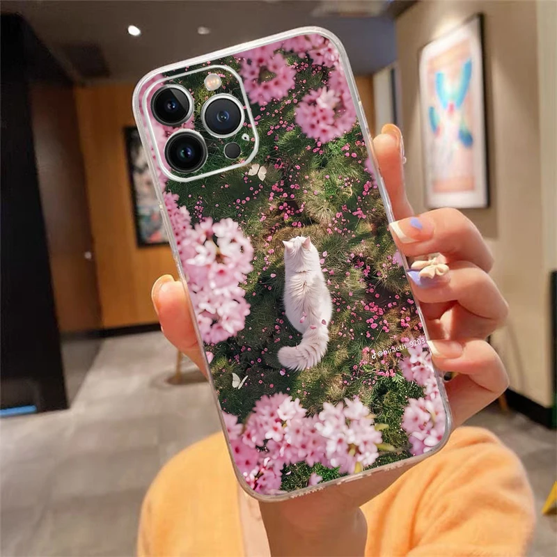 

Phone Case For iPhone 17 Pro Max Air 16 15 14 13 Pro Max 15 16 Pro 15Plus Flower Cat Silicone Cover