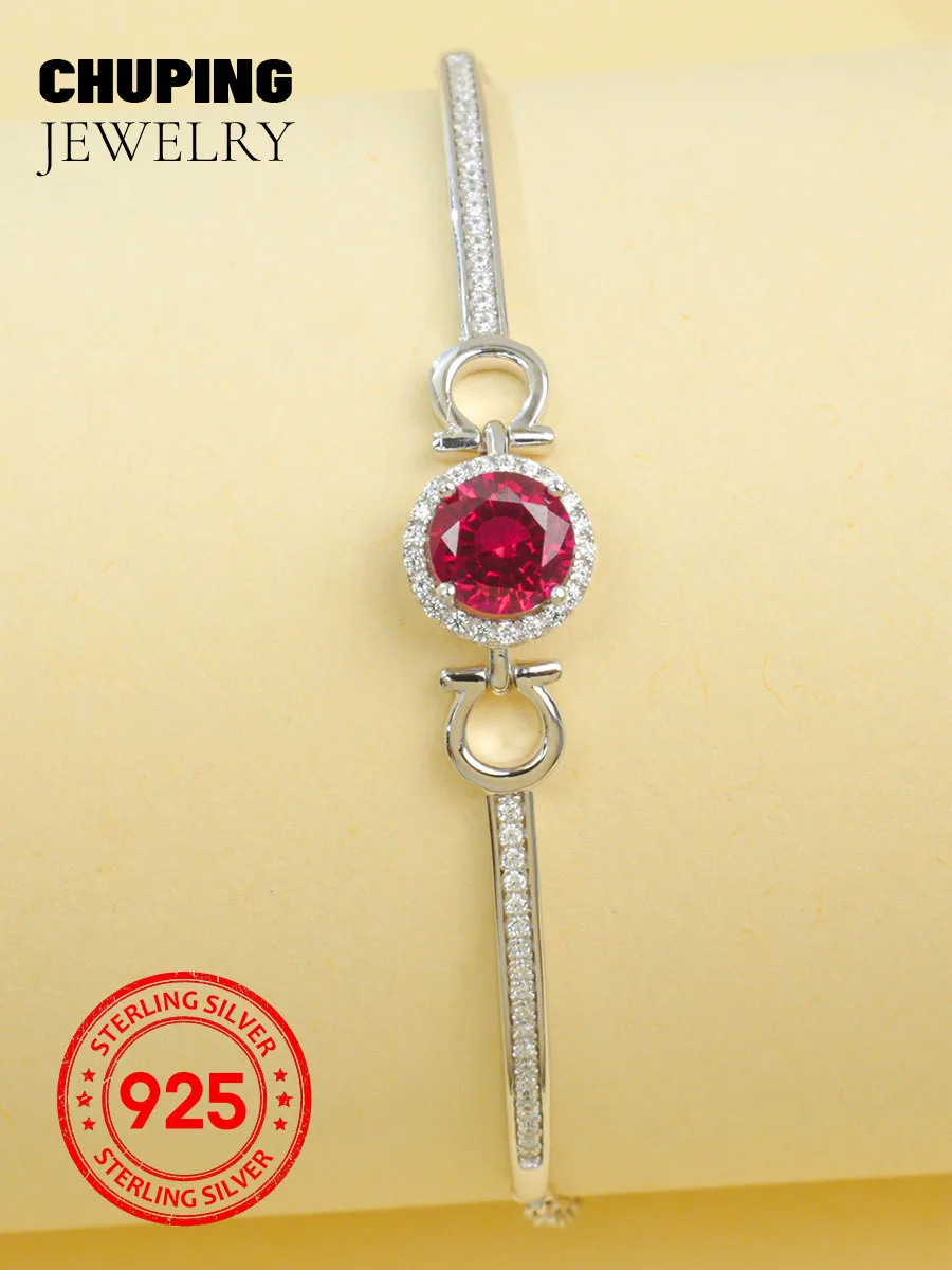 

ChuPing Fashion Jewelry Lab Grown Ruby & Sapphire Cuff Bracelet Round Cut 6.5mm 1.34-1.48CT S925 Silver Bracelet For Women Gift