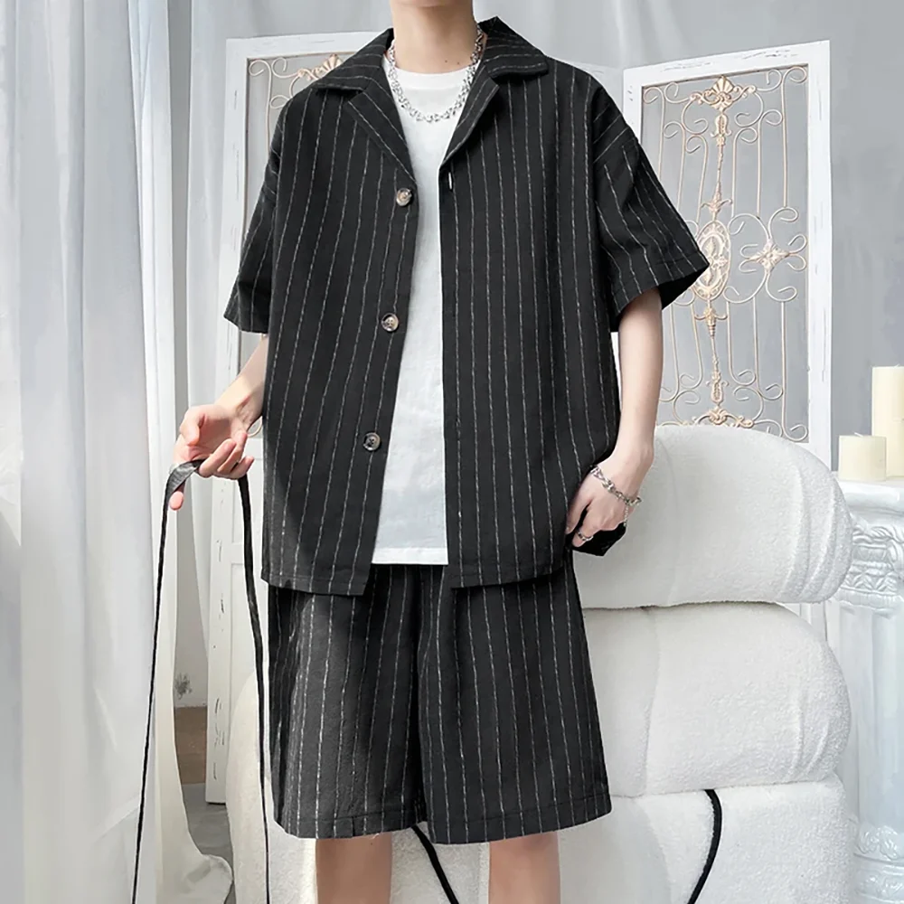 

Men Stripe Single Breasted 2 Piecs Blazer Short Pants Summer Casual Travel Suits Daily Social Commute Male Suits