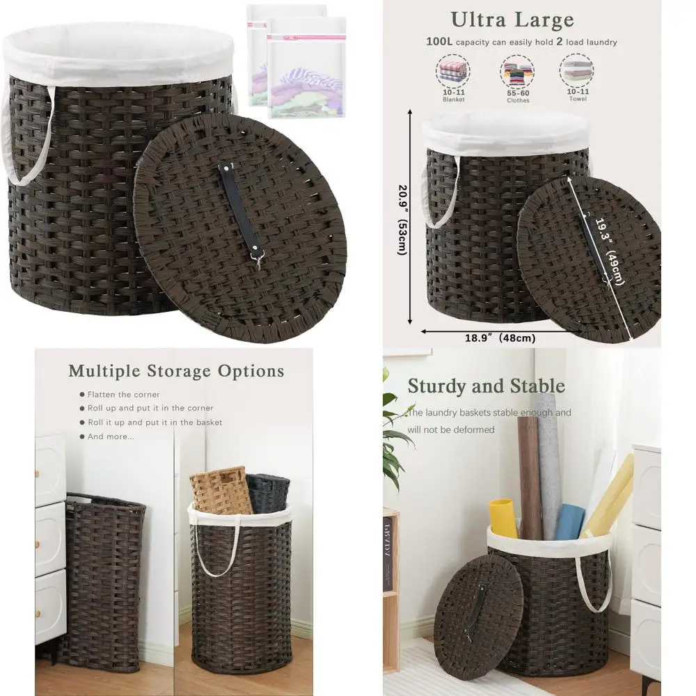 

Круглая плетеная корзина для белья с крышкой, вместимость 26,5 галлонов, корзина из ротанга ручной работы для хранения одежды