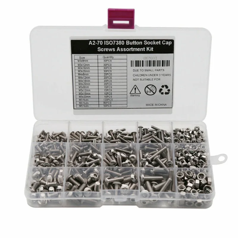 

500pcs Boxed 304 Stainless Steel M3 M4 M5 Round Pan Head Hexagon Socket Bolts And Nuts Assortment Set Hex Socket Alan Screws