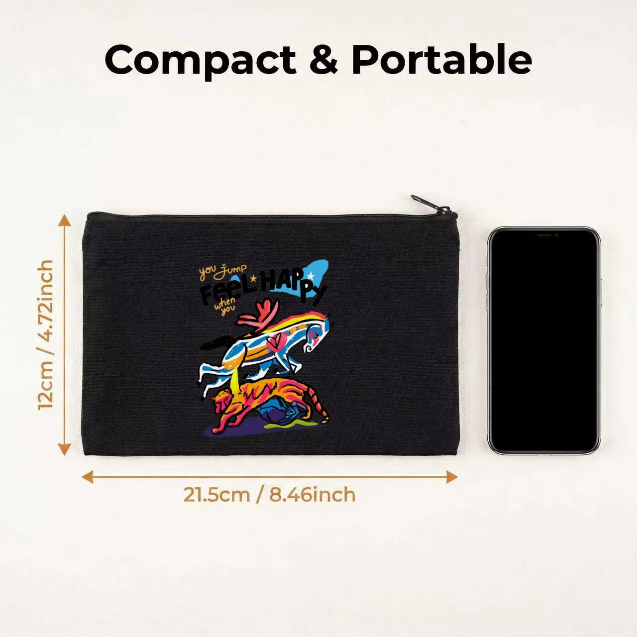 1pc Colorful Horse Tiger Feel Happy Print Canvas Cosmetic Bag Double Sided Travel Zipper Pouch