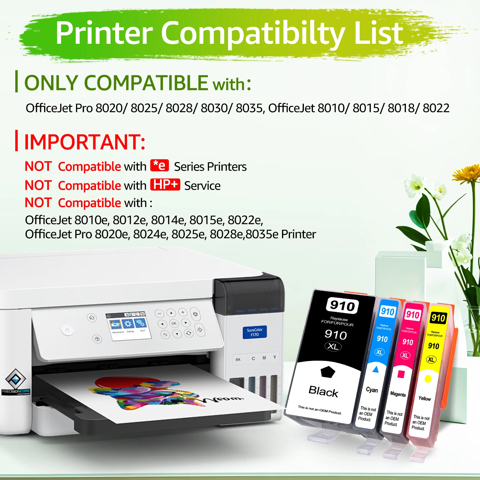4Pack Compatible 910XL Ink Cartridges Black/Tir-Color for HP 910 XL OfficeJet 8010 8012 8014 8015 Pro8020 8024 8025 8028 8035