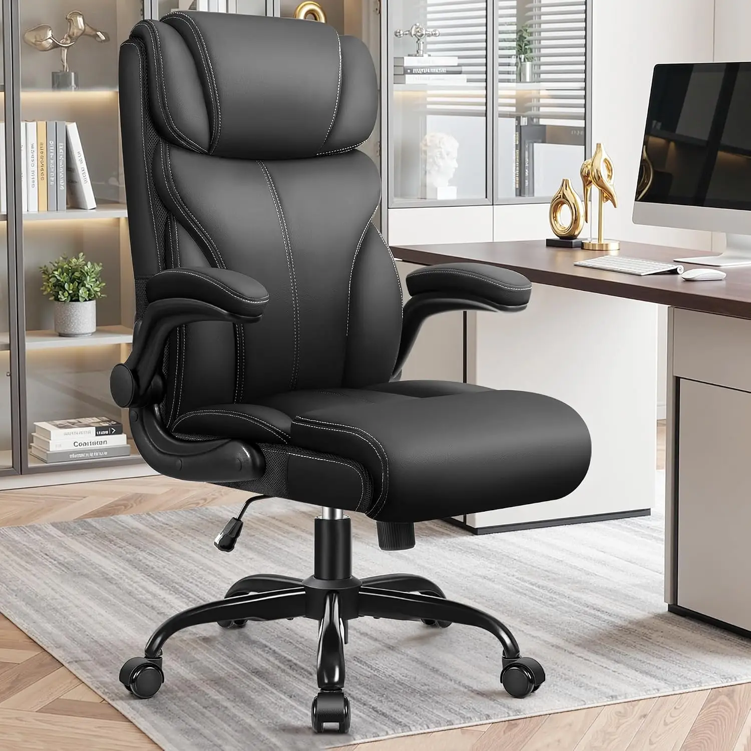 Big and tall ergonomic leather executive computer & gaming chair with comfy padded, rocking function and lumbar support