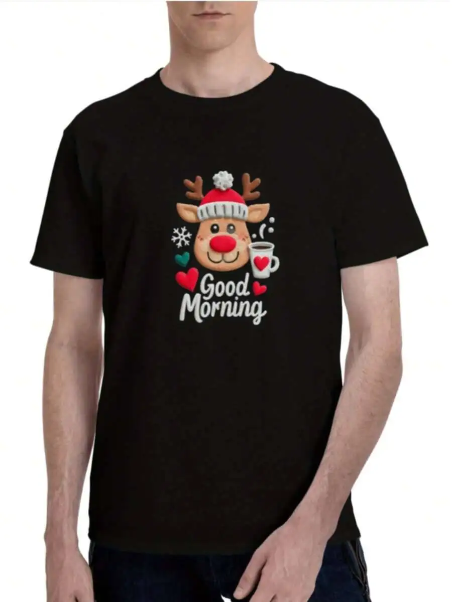 Mens Black T Shirt Reindeer Good Morning Graphic Print Round Neck For Holiday Party Gatherings 100% Cotton Trendy Y2K