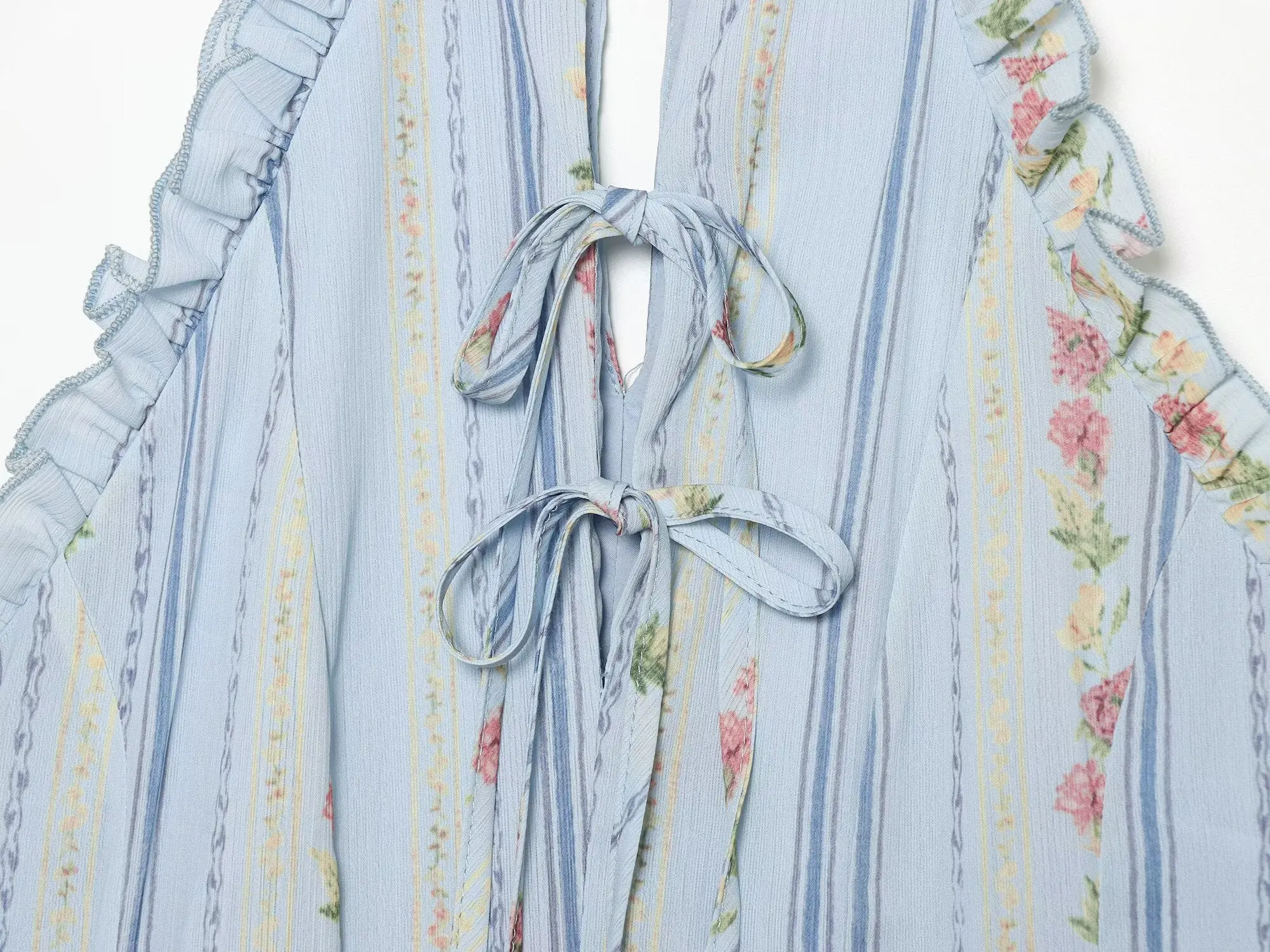 TFMLN Damen Blumenmuster Gestreiftes Neckholder-Kleid mit Rüschenbesatz, Schlüssellochausschnitt, Vordere Bindung, Ärmellos, Vintage Mini-Kleid, Strand- und Urlaubsoutfit, Sommer – Detail 6
