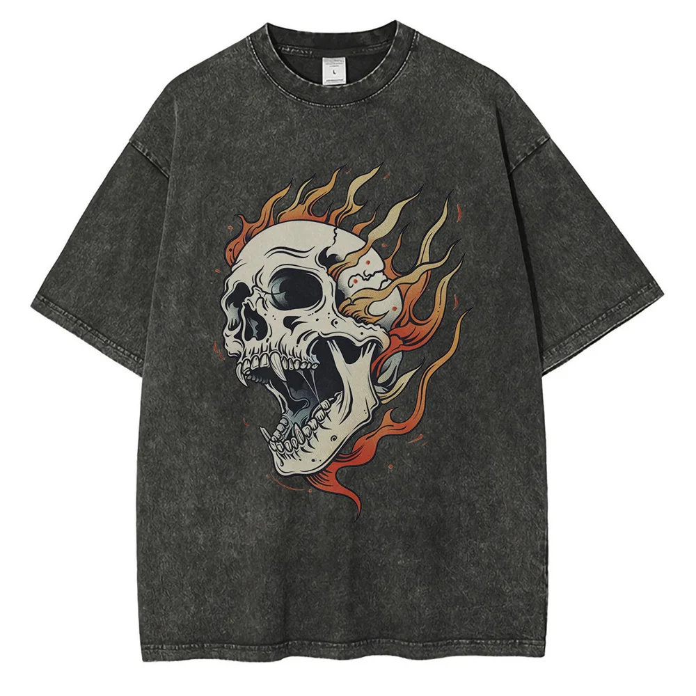 Flame Skull Graphic T Shirts Heavyweight Pure Cotton Distressed Washed T Shirt Drop Shoulder Retro Oversized Men's Tops