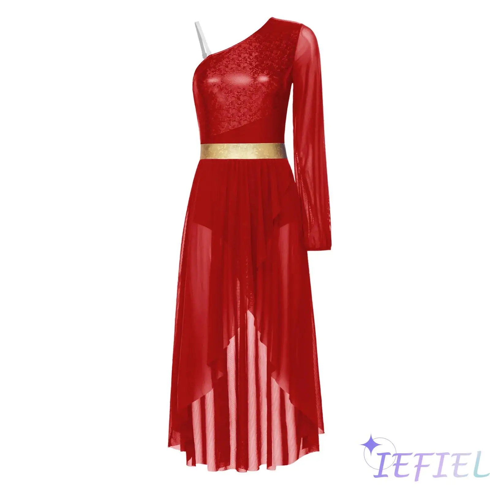 

Женское литургическое танцевальное платье с одним открытым плечом, длинным рукавом и металлическим лифом, элегантный костюм для латиноамериканских и джазовых танцев