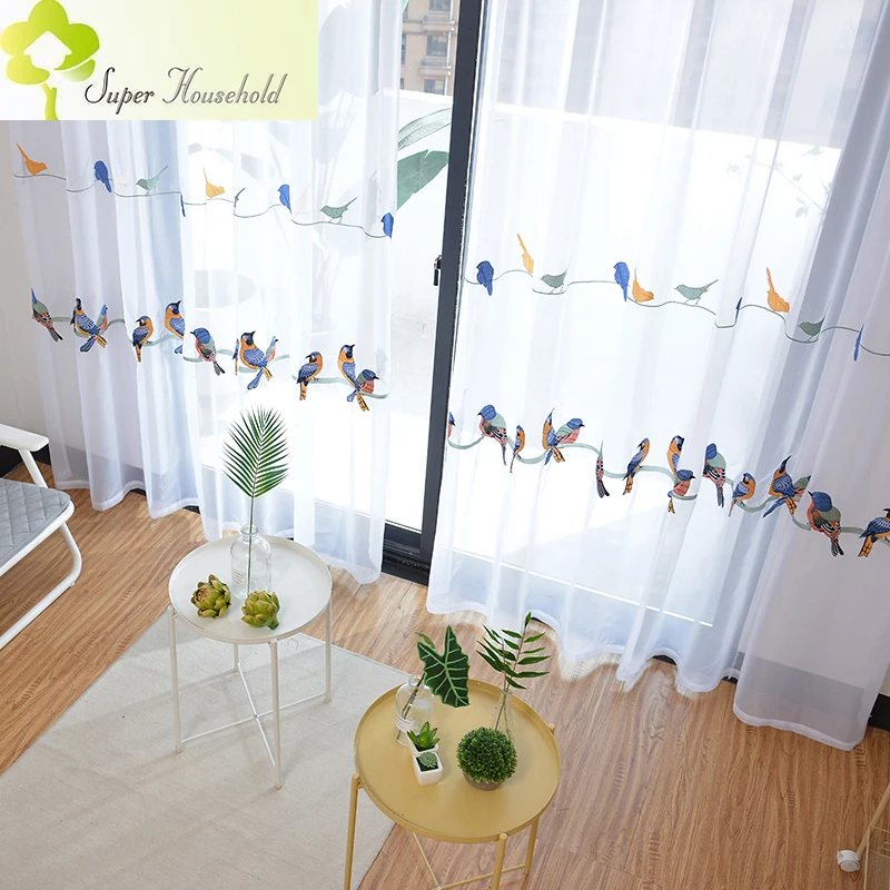 Modern Embroidered Bird Curtains Living Room Cotton Linen Window Tulle for Kid Bedroom Elegant White Sheer Curtain for Kitchen