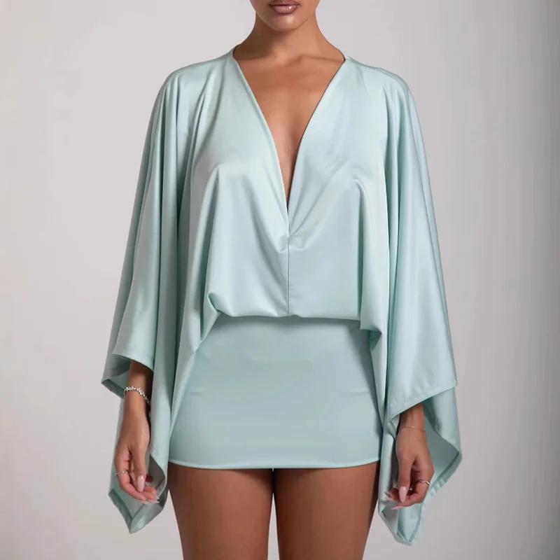 فستان نسائي كاجوال بأكمام تشبه جناح الخفّاش بلون سادة فستان قصير أنيق ثنيات من الساتان ملفوف على الورك مثير عميق على شكل حرف v عالي الخصر فستان قصير