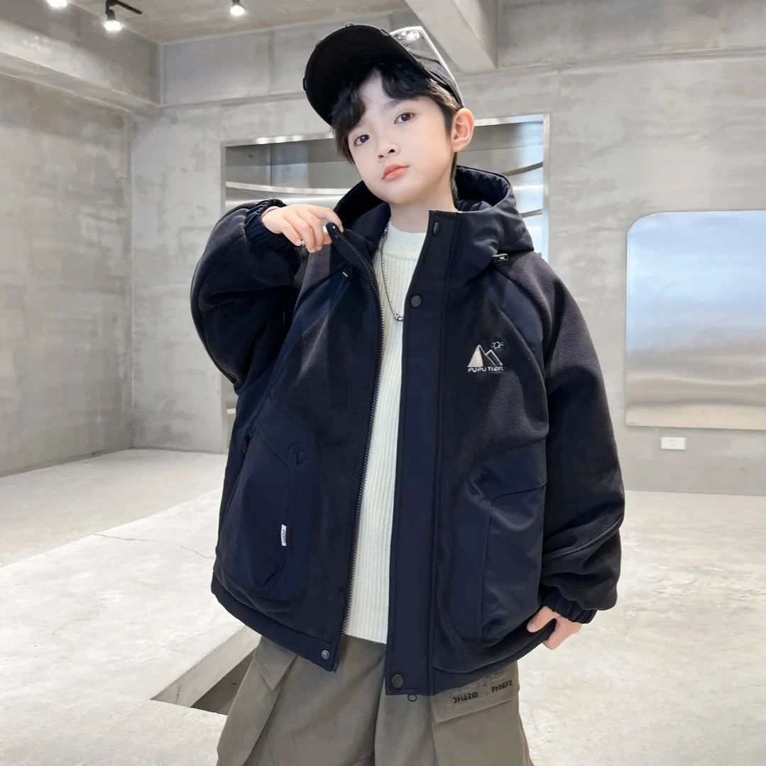 Boys Winter Padded Jacket Fleece Lined Thick Warm Hooded Coat Kids Outerwear 2026 New