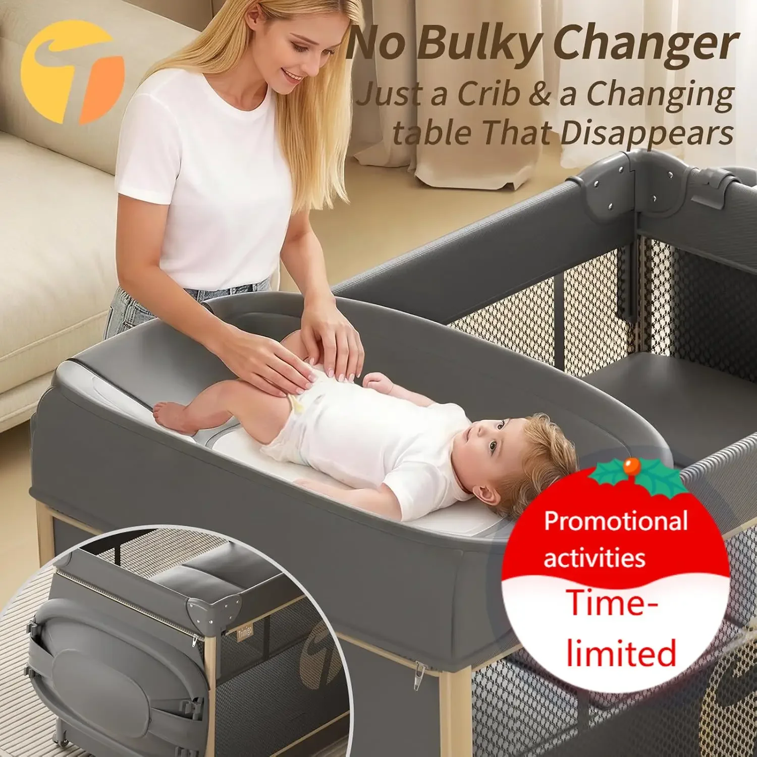 

4-in-1 Pack and Play with Bassinet, Bedside Sleeper, Playard, and Changing Table, Folding Travel Crib with Musical Toy Rack & Ba