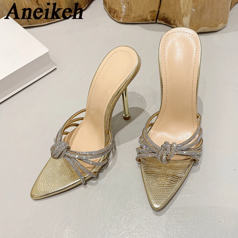 Aneikeh Silver Strap rhinestone heel Mules 2024 Spring New pointed end Sexy High Heel Thin Strap Woman Sandals Dinner Shoes