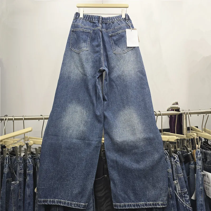 2026 New Autumn Folding Loose Wide Leg Jeans Women All-match Solid Color Vintage Washed Floor-length Casual Straight Denim Pants