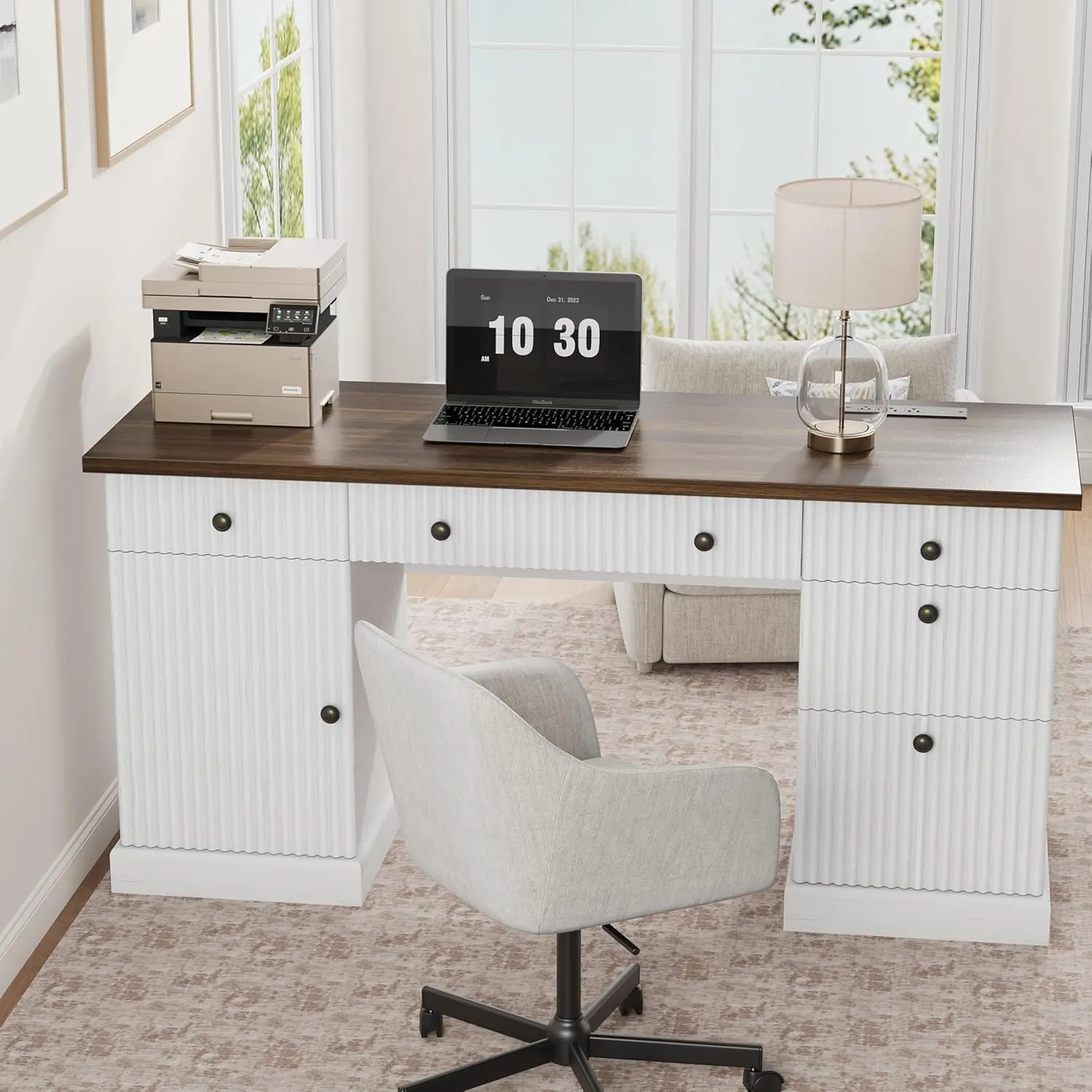 

60' Home Office Desk, Fluted Executive Desk with File Drawers, Wooden Computer Desk with Charging Station for Study Room