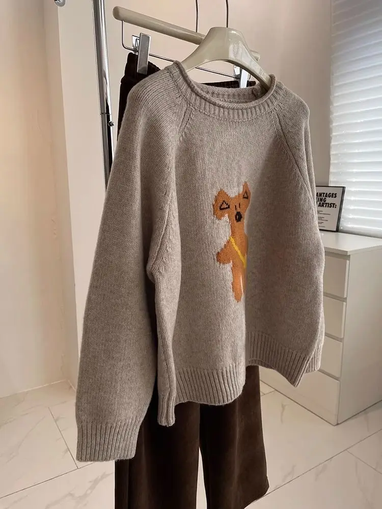 Cartoon Teddy Bear Jacquard Sweater For Women Spring Autumn Winter Loose Pullover Knitted Long Sleeves O-Neck Jumper Knitwear