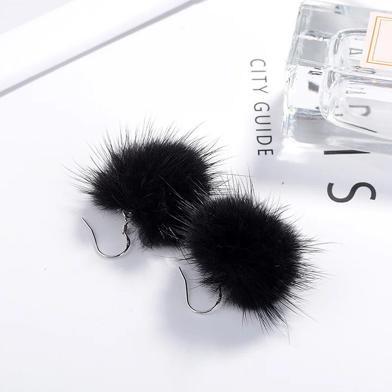 1Pair Mink Hair Fur DIY Pompom Ball Beads Earrings For Women Girl Drop Dangle Earrings Jewelry Accessories Party Dress Up